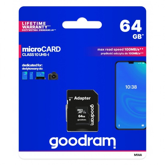GOODRAM MICRO CARD 64GB CL 10 UHS I + ADAPTER M1AA GOODRAM MICRO CARD 64GB CL 10 UHS I + ADAPTER M1AA