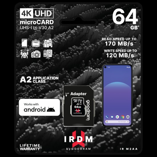 IRDM BY GOODRAM M2AA 64GB MICRO CARD UHS I U3 A2 + ADAPTER IRDM BY GOODRAM M2AA 64GB MICRO CARD UHS I U3 A2 + ADAPTER