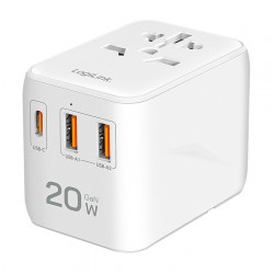 USB-A/C Travel charger, 20 W, GaN, 3-port, 2x USB-A (QC), 1x USB-C (PD), Slim Version, White