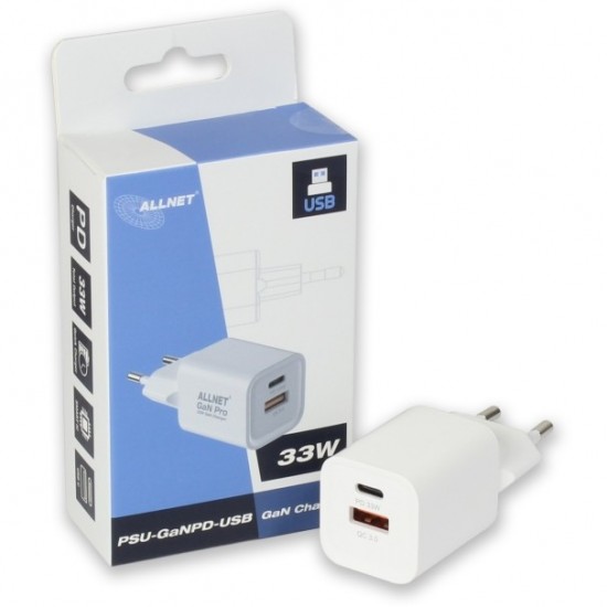 Z ALLNET Ersatznetzteil QC USB-C PD GaN Netzteil Power Supply 33 Watt 1x USB Typ-A QC 1x USB Typ-C**EU PLUG**