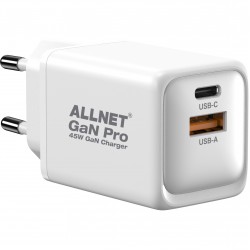 Z ALLNET Ersatznetzteil QC USB-C PD GaN Netzteil Power Supply 45 Watt 1x USB Typ-A QC 1x USB Typ-C**EU PLUG**